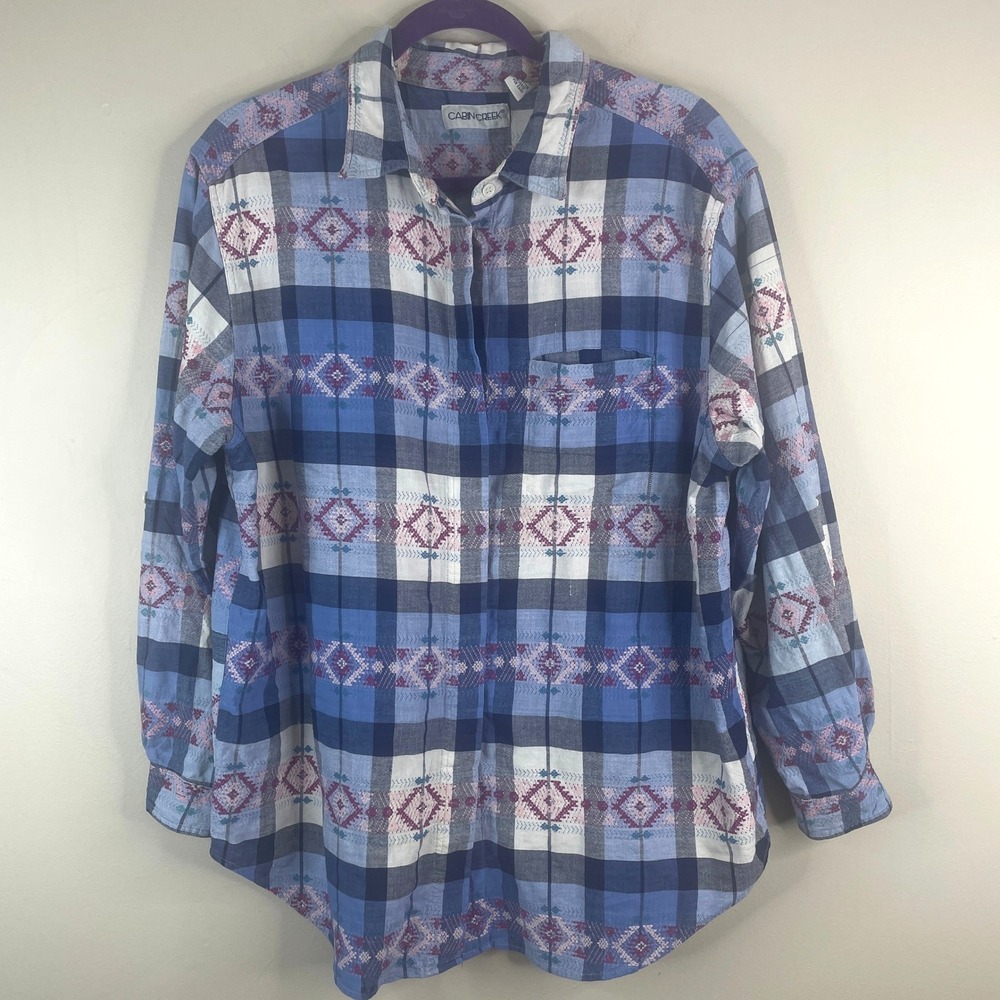 Vintage Cabin Creek Plaid Camp Shirt Womens 2X Blue Outdoor Travel Button Up Top